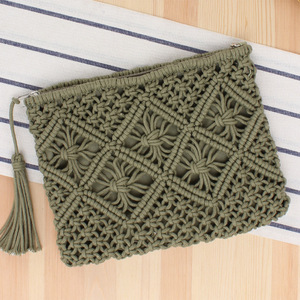 Wholesale Handmade <strong>Macrame</strong> Straw Rattan Casual Tote <strong>Bag</strong> with Zipper Closure Beading &amp; Chains-Colorful Knitting Crochet Design - Product Image 3