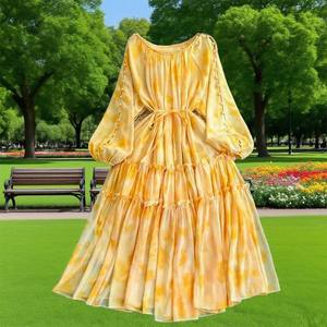 موضة جديدة طويلة الأكمام فستان الشيفون المطبوع الامبرطورية الخصر الديكور نمط الصلبة ميدي طول لربيع الخريف - Product Image 6