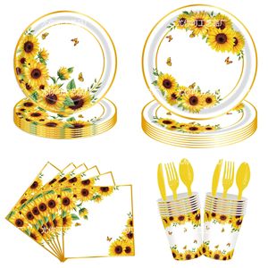 Assiettes en papier sur le thème du tournesol, rondes, impression numérique, ensemble de vaisselle pour fête d'anniversaire, 60-80 pièces, respectueuses de l'environnement - Product Image 5