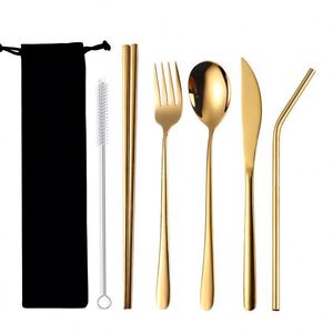 Light Luxury Stainless Steel Silverware Flatware 5pcs Portable Spoon Forktravel Gold Cutlery Dinnerware Set With Storage Bag - Product Image 4