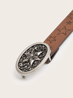 Cinturón de PU con Hebilla de Aleación y Estampado Étnico de Estrellas Marrones, Texturizado, de 2.8cm, Universal para Hombre y Mujer, Venta al por Mayor
