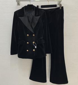 Womens Velvet Two Piece Suit Double Breasted <b>Blazer</b> and Flare Pants Elegant Slim Fit Formal <b>Set</b> - Product Image 1