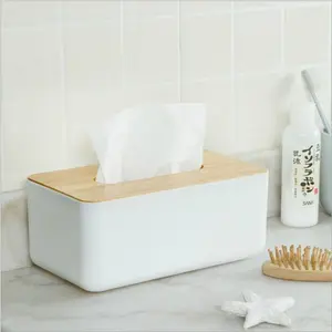 Custom Rectangle Organizer Storage White Plastic Napkin Holder Tissue Box With Bamboo Lid For Table