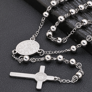 기독교 종교 스테인레스 스틸 6mm 구슬 체인 크로스 펜던트 보석 파티를위한 종교 거룩한 축복받은 묵주 목걸이 - Product Image 2
