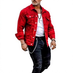 2026 Men's Red <b>Turn</b>-down Collar <b>Button</b> Closure Casual Style Slim Fit 100% Cotton Washed Front Pocket Regular Sleeve Denim Jacket - Product Image 3