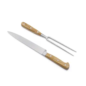 Premium Quality Olive Wood Handle Barbecue Fork Tool Carving Knife Set With 1.4116 German Steel