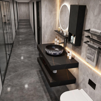 Ensemble de meuble-lavabo de salle de bain en céramique et pierre de quartz, style hôtel de luxe léger, avec vasque sans joint et toilettes intégrées