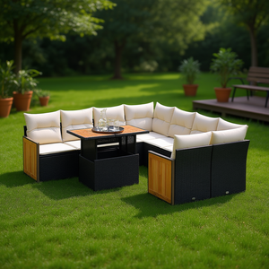 Conjunto de sofá de jardín de ratán blanco crema y negro con almacenamiento, 6 plazas, muebles de exterior de diseño contemporáneo, estilo madera de teca - Product Image 2