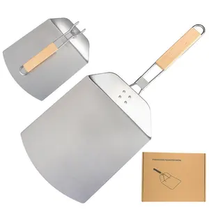 Accesorios de cocina Pala plegable para pizza Cáscara de pizza de acero inoxidable con mango de madera de goma