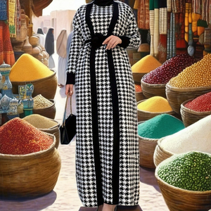 Conjunto de dos piezas para mujer, chaqueta de manga larga a cuadros de Mil Pájaros, vestido Abaya, moda turca de poliéster para verano e invierno para el medio - Product Image 3