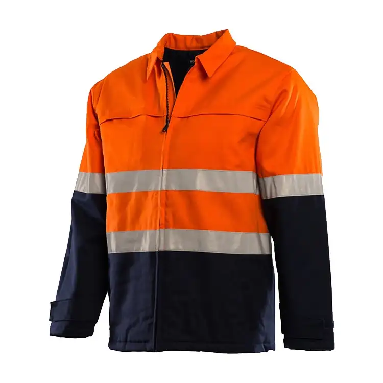 Fabrika kaynağı % 100% pamuk turuncu/donanma iki ton endüstriyel mekanik kömür madenciliği yansıtıcı iş ceketi
