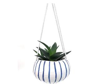 Hanging Planter Flower Pot 4.5 Inch Ceramic with Blue Stripes Cotton <strong>Cords</strong> for Indoor Outdoor Small Houseplant Pothos - Product Image 1