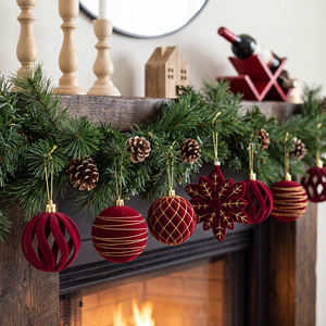 Ensemble de Boules de Noël de Luxe 2026 en Velours Rouge Vin, Ornements Scintillants Floqués en Forme de Fleur de Poinsettia, Décorations Suspendues - Product Image 3