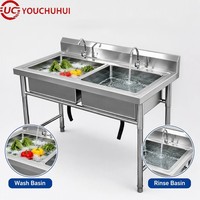 Évier de cuisine professionnel double bac en acier inoxydable robuste pour la restauration et la préparation alimentaire avec crédence