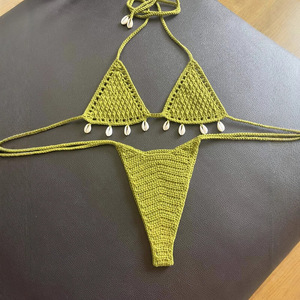 Bron Fabriek Custom Europa America Nieuwe Gehaakte <span class=keywords><strong>Bikini</strong></span> Gebreide Nieuwe Shell Katoenen <span class=keywords><strong>Bikini</strong></span> Effen Patroon 2-delige Set Taille - Product Image 1