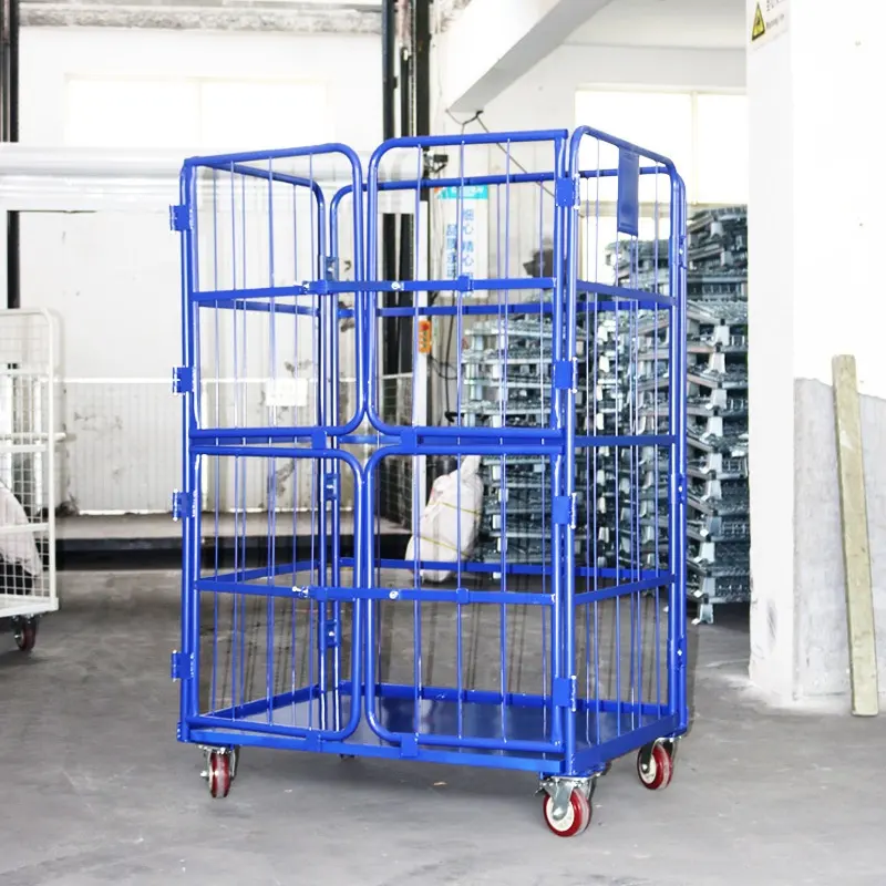 Custom 4 wheel collapsible warehouse heavy duty 500kg platform wire mesh logistics roll cart cage trolley