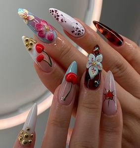 Produits Tendance 10 Faux Ongles Ballerine Faits Main avec Strass, Fleurs 3D et Acrylique, Manucure Française Nude et Blanche en Amande pour Filles - Product Image 6