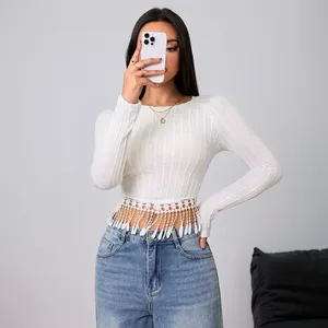 T-shirt slim fit da donna <span class=keywords><strong>con</strong></span> design a <span class=keywords><strong>frange</strong></span> in bianco per abbigliamento casual primavera estate, vendita all'ingrosso private label - Product Image 1
