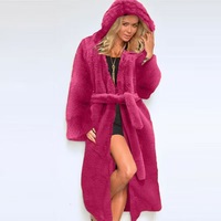 Vêtements d'hiver et d'automne de style européen personnalisés, manteau en fausse fourrure mi-long à capuche avec ceinture pour femmes