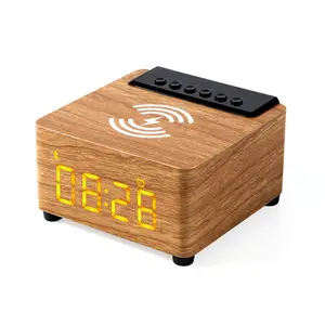 Wooden Digital Alarm Clock speaker 3W Fast Wireless Charger Station for Smartphones bedroom sleep timer wooden speaker