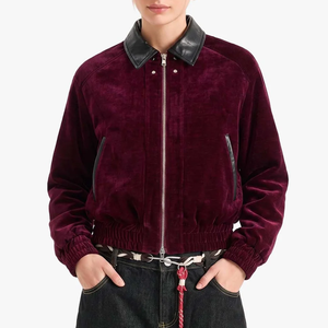 Wholesale Vintage Burgundy <b>Velvet</b> <b>Jacket</b> <b>For</b> <b>Men</b> Contrast Faux Leather Collar Full Zipper Cropped Streetwear Coat - Product Image 1