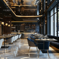 Meubles de restaurant personnalisés pour hôtel Ron Group, table ronde en marbre, ensemble de chaises rembourrées en cuir bleu