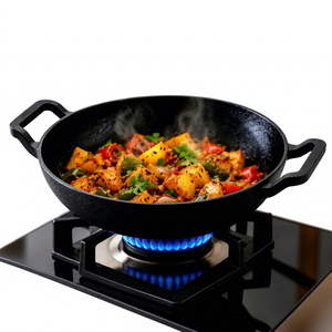Wok Kadai en fonte robuste à double poignée, non revêtu, pour cuisson traditionnelle indienne, idéal pour frire, sauter et la vente en gros - Product Image 1