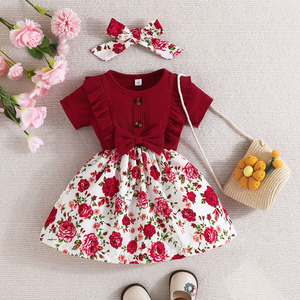 Robe d'été pour bébé fille, mignonne, à fleurs, style princesse, coupe évasée, avec nœud, en coton respirant, manches courtes, pour nouveau-né - Product Image 2