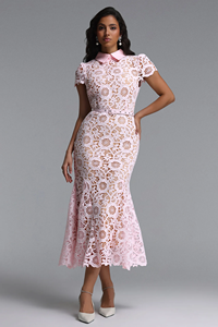 Abiti Midi <span class=keywords><strong>con</strong></span> Maniche Corte e Pizzo Floreale per Donne, Colletto Rovesciato <span class=keywords><strong>con</strong></span> Design a <span class=keywords><strong>Cintura</strong></span>, Vestito Formale da Sera per Feste - Product Image 3