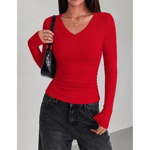 Camiseta básica ajustada de punto acanalado con cuello en V y manga larga para mujer, ropa informal para otoño - Product Image 3