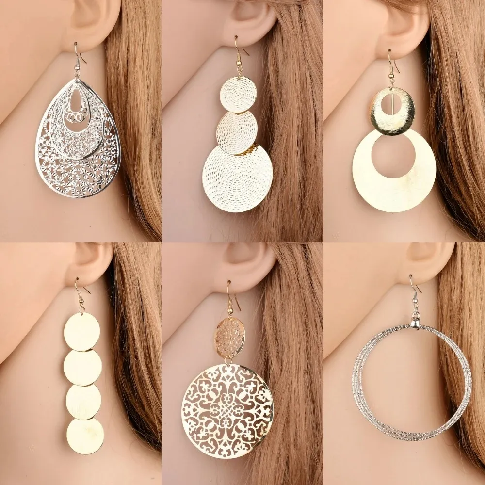 Anting-Anting Wanita Berongga Gaya Boho Bulat Retro Modis Multi-Level Cakram Atmosfer Lingkaran Besar Logam Besar Berlebihan Baru N99072