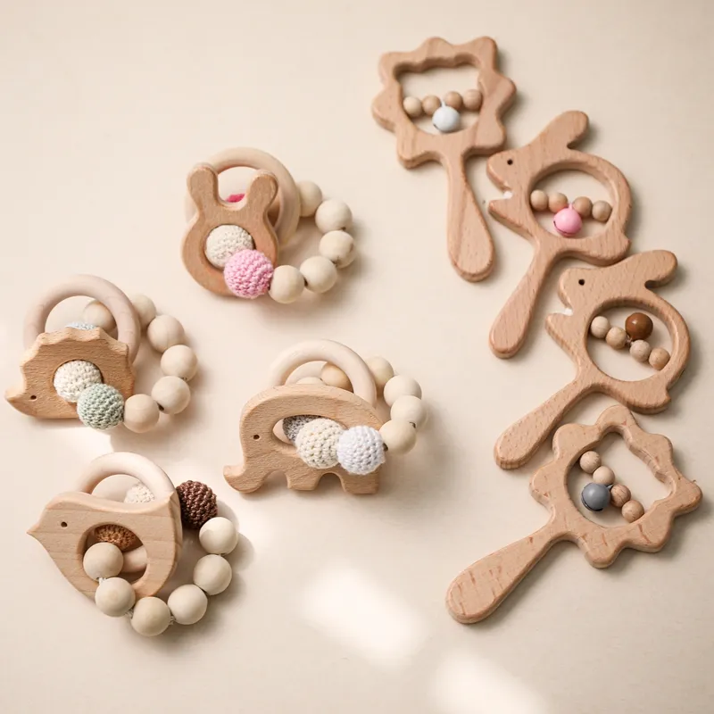 Wooden Baby Teether Baby Products Wooden Teether Hand-Cranked Rattle Teether Newborn Gift Set