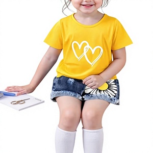 Girls 2Pcs Set Yellow Heart Print Short Sleeve T Shirt Denim <b>Daisy</b> Shorts Casual Comfortable 100% Cotton All Season Outfit - Product Image 3
