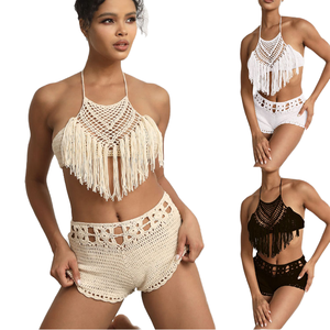 Nouveau Maillot de Bain Bikini Tank en Crochet Fait Main 2025 pour Femme, Couleur Unie, Rayé, Sexy, avec Soutien-Gorge Push-Up et Décorations en Cristal Diamant, Froncé - Product Image 4