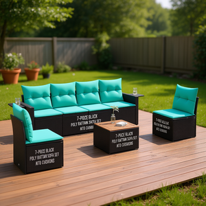 Set Divano da Esterno in Polyrattan Nero a 7 Pezzi con Cuscini - Arredamento Elegante per Patio - Product Image 2