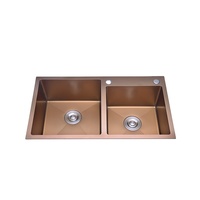 Évier de cuisine rectangulaire en acier inoxydable à double bac, sur mesure, moderne, doré, Liangshun W-8045HB, avec robinet à deux trous, 3