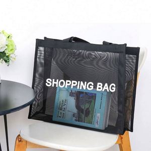 Sac de plage en maille transparente noire personnalisé avec logo, sac de shopping, sac de rangement - Product Image 3