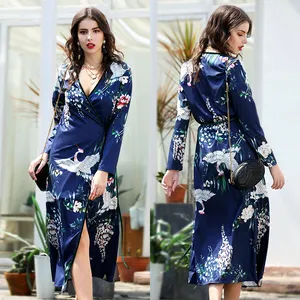 New Arrivals Midi Length Animal Printed V-neck Long Sleeves Split Casual African Print Dresses Chinese style