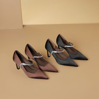 Escarpins formels pour femmes en satin, à bout pointu, talons fins, avec bride à boucle et strass, doublure en cuir véritable, hauteur