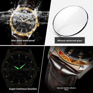 Montre de luxe pour homme POEDAGAR, <span class=keywords><strong>lunette</strong></span> dorée avec découpe diamant, bracelet en cuir marron, affichage double heure, montre-bracelet à quartz étanche - Product Image 2