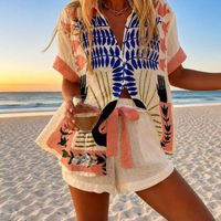 Ensemble deux pièces pour femme, style vacances à la plage transfrontalières, avec chemisier fleuri et haut imprimé à manches courtes pour l'été et l'automne
