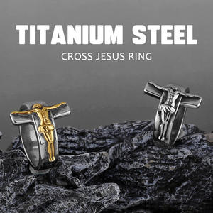 Anillo de moda para hombre Okp Brand, estilo hip hop europeo americano, diseño simple y personalizado, cruz de Jesús en oro con piedra natural, acero inoxidable. - Product Image 3