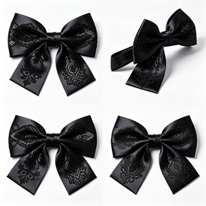 Noeud en ruban de satin polyester imprimé damassé noir, fait main, pour boîte cadeau d'Halloween, emballage de fête gothique, décoration de cheveux - Product Image 2