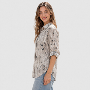 Camisa con estampado Ikat abstracto para <span class=keywords><strong>mujer</strong></span>, blusa <span class=keywords><strong>de</strong></span> mezcla <span class=keywords><strong>de</strong></span> <span class=keywords><strong>lino</strong></span> con botones dorados, manga enrollable, top informal, chemise para <span class=keywords><strong>mujer</strong></span> - Product Image 1