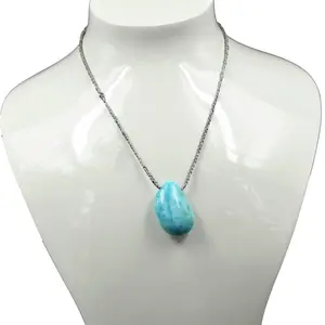 Op Maat Gemaakt 20-30Mm Blauw Plat Tuimelend Larimar Hanger Geboord Tuimelen Steen Natuurmode Sieraden Bedels