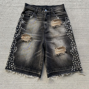 Affliction Hommes Casual Summer Streetwear Acid Wash Denim Shorts Respirant Raw Hem avec Logo Faux Old Style - Product Image 4