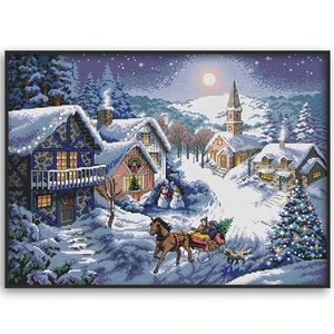 Broderie Rectangulaire Faite Main XIXI Série Paysage Point de Croix Châlet de Noël Chariot Neigeux Ambiance Salon Art Déco - Product Image 1