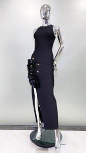 Robe de soirée extensible pour femme, sans manches, à fente haute, motif floral 3D, collection Printemps-Été, tendance - Product Image 4