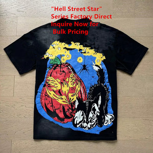 Camiseta Yueda Hell Street para hombre, con estampado de estrellas y letras, cuello redondo, logotipo frontal, transpirable, de ajuste holgado, manga corta, de algodón tejido. - Product Image 1