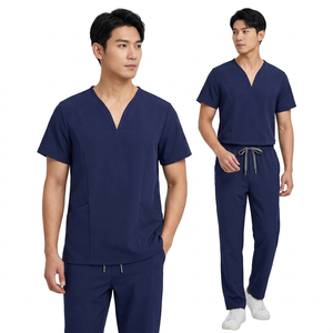 Ensemble de blouses médicales bleu marine pour hommes, col en V, manches courtes, uniforme de travail hospitalier, tissu tissé en coton et polyester - Product Image 1